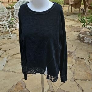 Mod-o-Doc Black Cotton Lace-Hem Long Sleeve Women's Top Tee Shirt Small